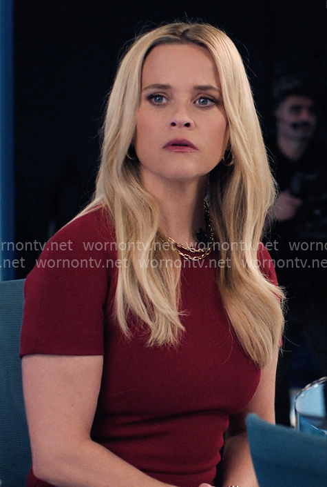 Bradley's burgundy short-sleeve sheath dress on The Morning Show