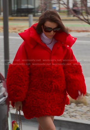 Bronwyn's red frill puffer jacket and mini skirt on The Real Housewives of Salt Lake City
