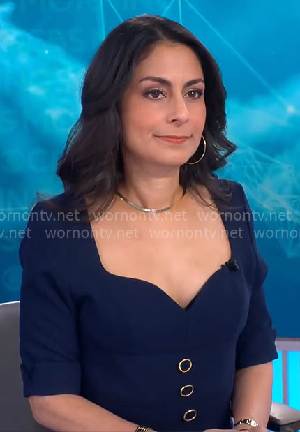 Celine Gounder's navy button detail dress on CBS Mornings