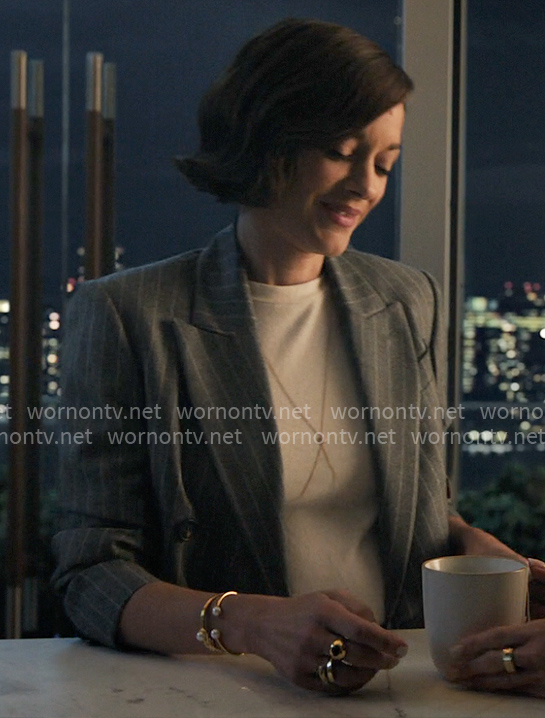 Celine's grey pinstripe blazer on The Morning Show