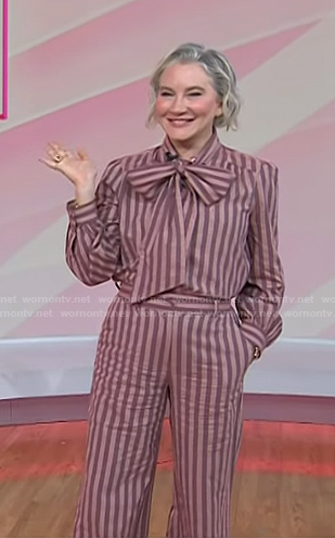 Clea Shearer's pink striped tie neck blouse and pants on Today
