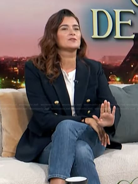 Cote de Pablo's navy double breasted blazer on Access Hollywood