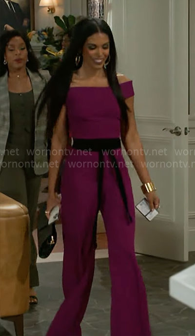 Dani's purple off-shoulder jumpsuit on Beyond the Gates