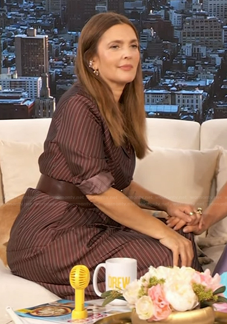 Drew's burgundy striped top and pants on The Drew Barrymore Show