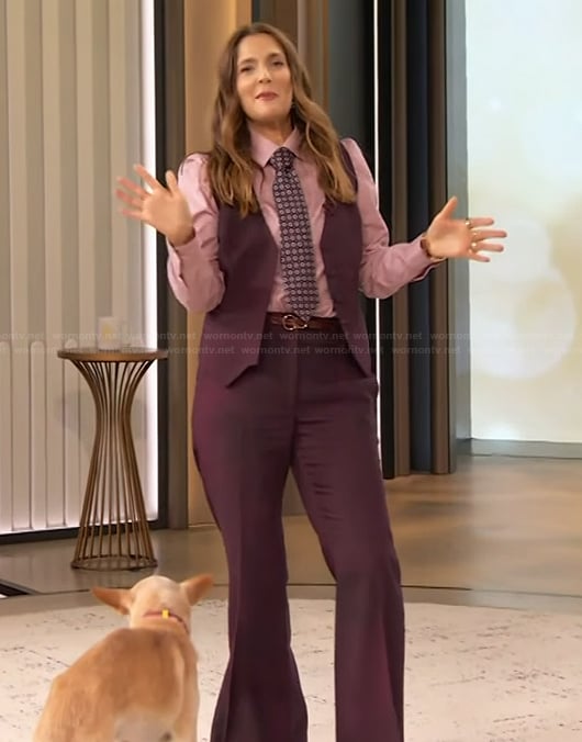 Drew's burgundy vest and pants on The Drew Barrymore Show
