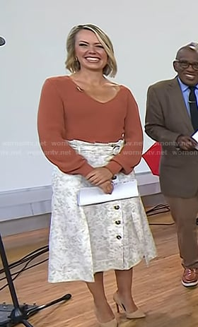 Dylan's brown v-neck sweater and white print skirt on Today