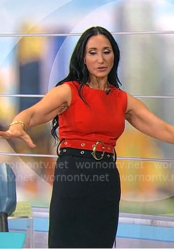 Elizabeth Werner's red and black belted dress on CBS Mornings