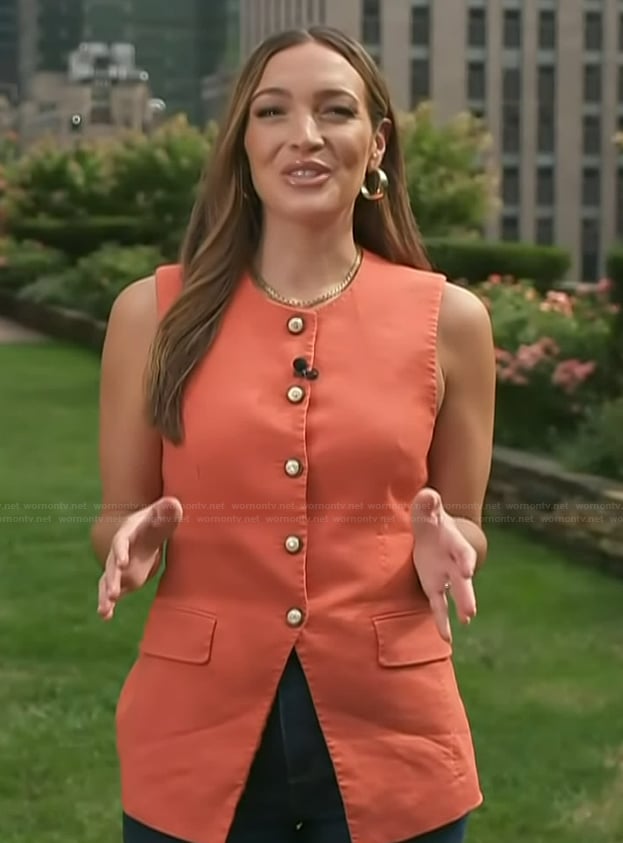 Emily's coral button vest on Access Hollywood