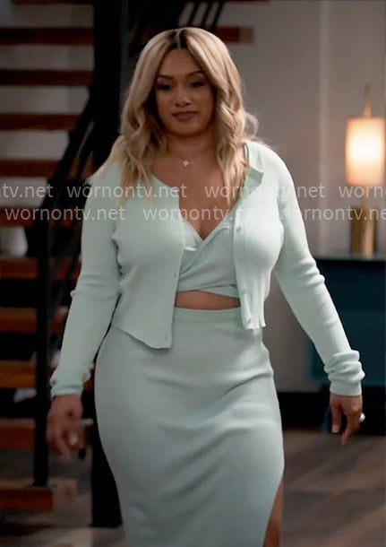Fatima's mint green knit set on Tyler Perrys Sistas