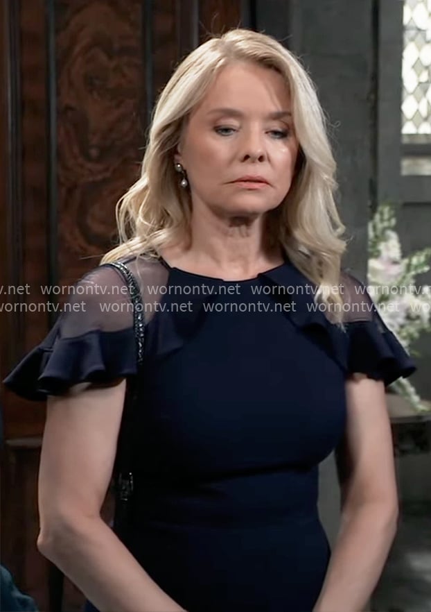 Felicia's navy sheer-shoulder dress on General Hospital