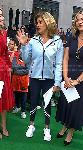 Hoda's light blue track jacket and navy leggings on Today
