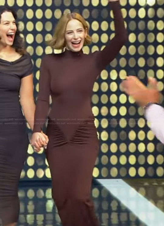 Jaime Ray Newman's brown gathere mesh dress on Tamron Hall Show