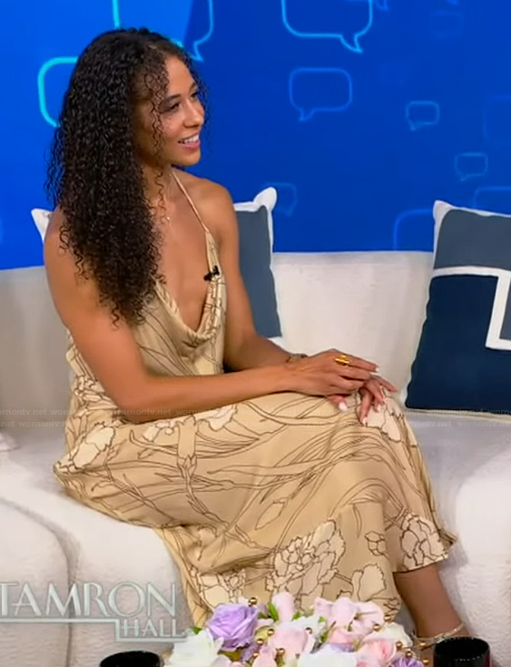 Jasmine Mcleish's beige floral slip dress on Tamron Hall Show