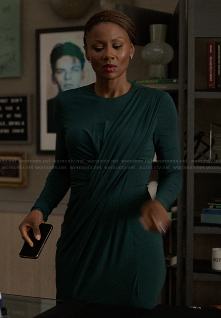 Jax's green gathered midi dress on Reasonable Doubt