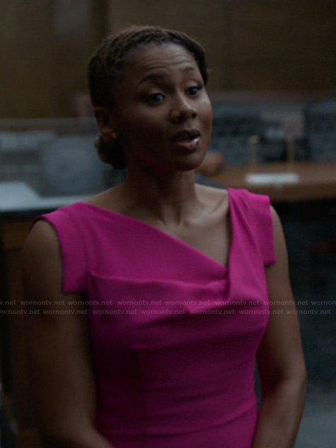 Jax's pink asymmetric neck dress on Reasonable Doubt