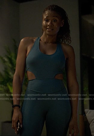 Jax's teal cutout active jumpsuit on Reasonable Doubt