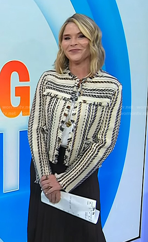 Jenna's white stripe tweed jacket and brown pleated skirt on Today