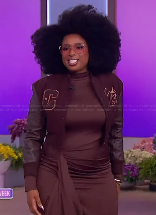 Jennifer's bomber jacket and brown mesh dress on The Jennifer Hudson Show