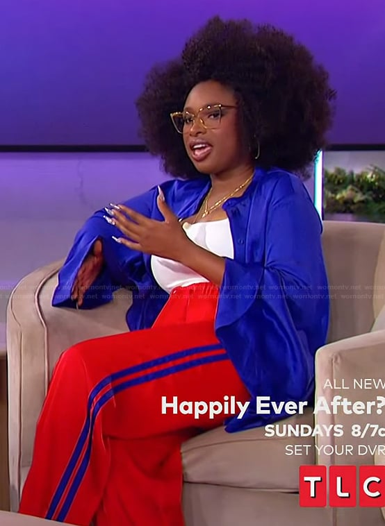 Jennifer's red side stripe pants on The Jennifer Hudson Show