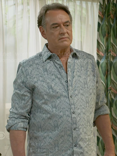 Joey's blue printed shirt on Beyond the Gates