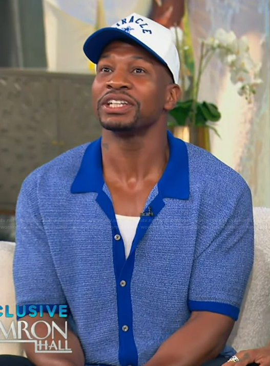 Jonathan Majors' blue knit polo on Tamron Hall Show