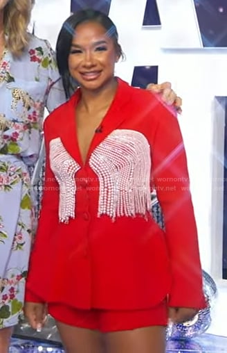 Jordan Chiles's red pearl embellished blazer and shorts on Good Morning America