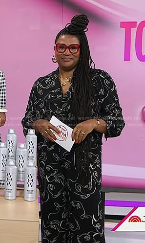 Julee Wilson's black face print shirt and pants on Today