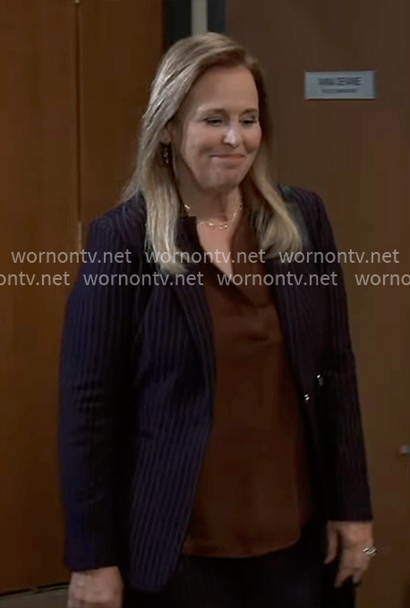 Laura's brown blouse and pinstripe suit on General Hospital