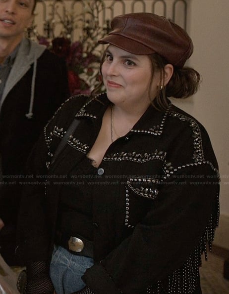 Mabels friends black embellished jacket on Only Murders in the Building