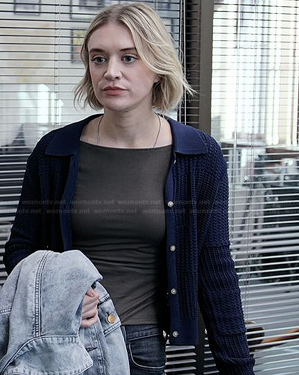 Mare's blue crochet knit cardigan on The Paper