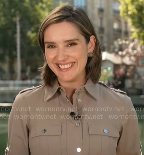 Margaret Brennan's taupe utility dress on CBS Mornings