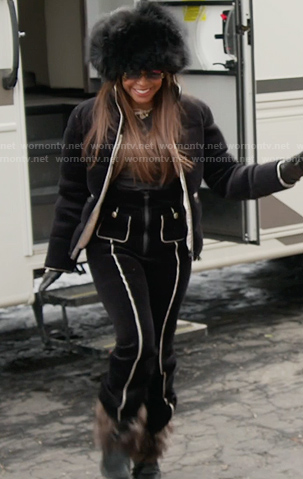 Mary's black puffer jacket and contrast trim pants on The Real Housewives of Salt Lake City