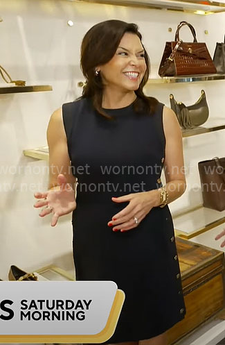 Meg Oliver's navy side button dress on CBS Mornings