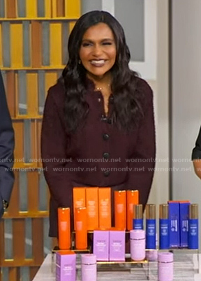 Mindy Kaling's burgundy jacket and mini skirt on Good Morning America