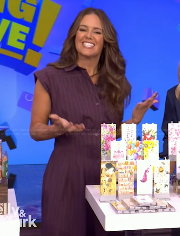 Monica's burgundy pinstripe jumpsuit on Live with Kelly and Mark