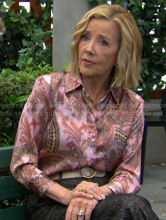 Nikki's pink paisley print button-down top on The Young and the Restless