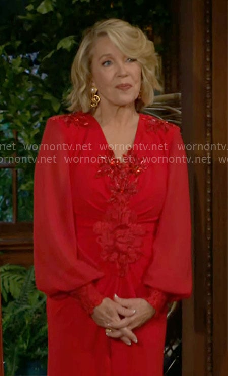 Nikki's red beaded long-sleeve dress on The Young and the Restless
