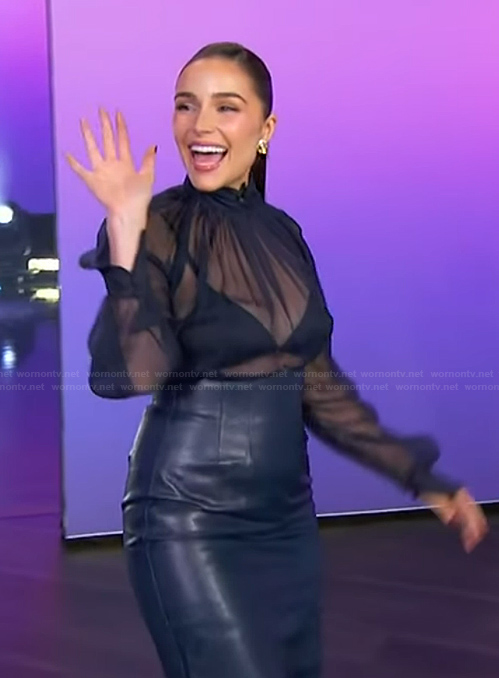 Olivia Culpo's navy sheer top and leather skirt on The Jennifer Hudson Show