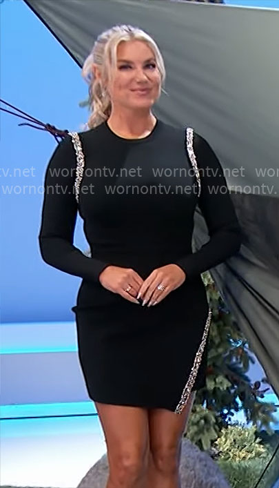 Rachel's black dress with embellished trims on The Price is Right