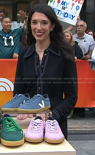 Sally Holmes's black belted shirtdress and green sneakers on Today
