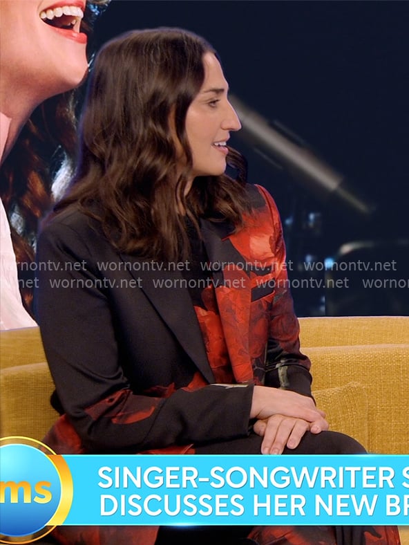 Sara Bareilles' black and red floral suit on The Morning Show