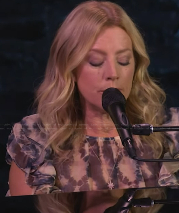 Sarah McLachlan's printed ruffle top on Live with Kelly and Mark