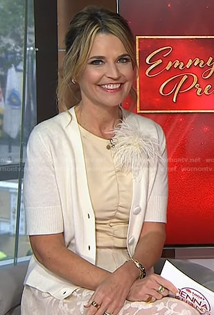 Savannah's beige ruched top and floral lace skirt on Today