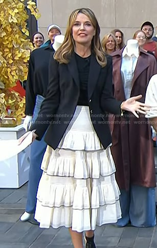 Savannah's black blazer and white tiered skirt on Today