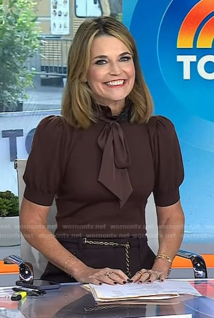 Savannah's brown tie neck sweater and flare pants on Today