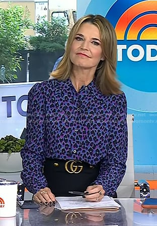 Savannah's purple animal print blouse and black skirt on Today