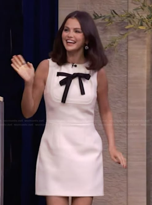 Selena Gomez's white contrast bow mini dress on Live with Kelly and Mark