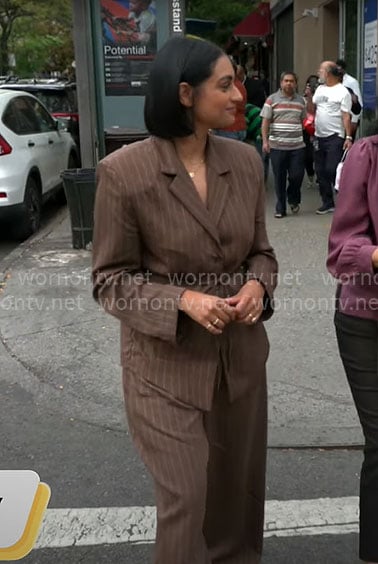 Shanelle Kaul's brown pinstripe suit on CBS Mornings