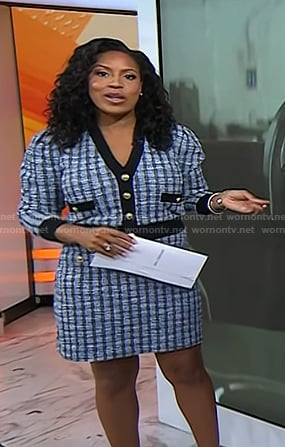 Sheinelle's blue tweed knit cardigan and mini skirt on Today