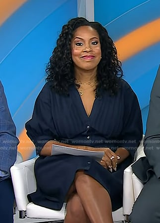 Sheinelle's navy pleated v-neck shirtdress on Today